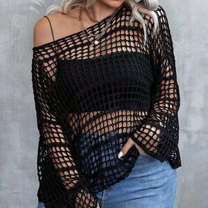 Plus Size Black Casual Women's Loose Knitted  Bell Sleeve Asymmetrical Sweater